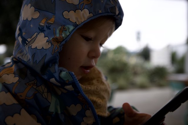 Child in Dinosaur Hood Enjoying Outdoor Meal