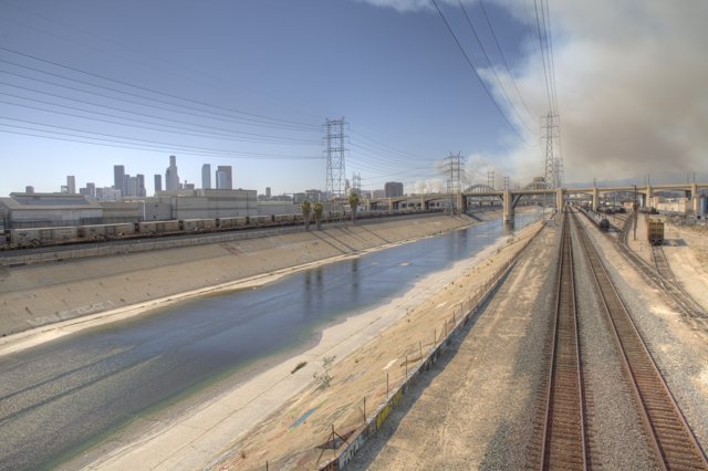 Griffith Park Fire and Downtown Los Angeles from 7th Street Bridge 