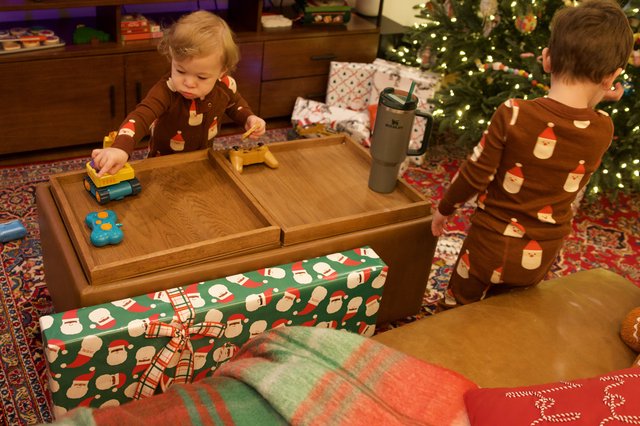Christmas Morning Playtime with Toddlers in Matching Pajamas