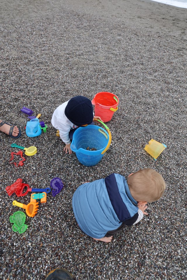 Toddlers Exploring Pebble Beach with Colorful Toys