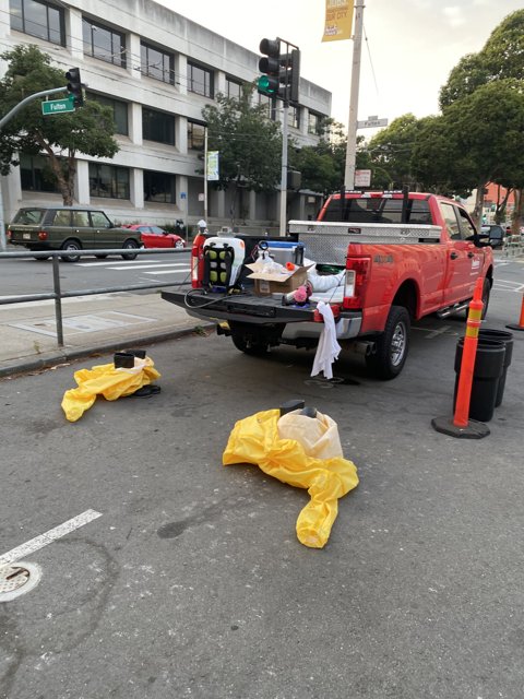 Red Pickup Truck with Yellow Bag in San Francisco