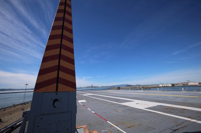 Striped Navigation Marker on USS Hornet Flight Deck