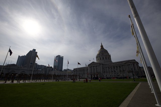 San Francisco City Hall at Dusk with Flags