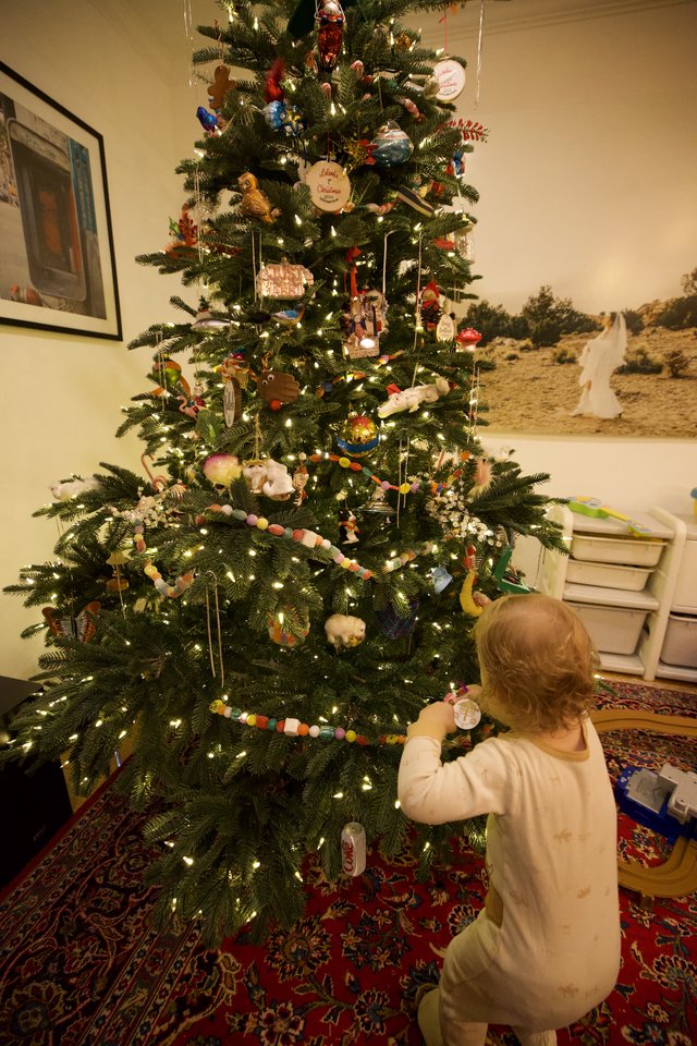 Toddler Admiring Decorated Christmas Tree at Home