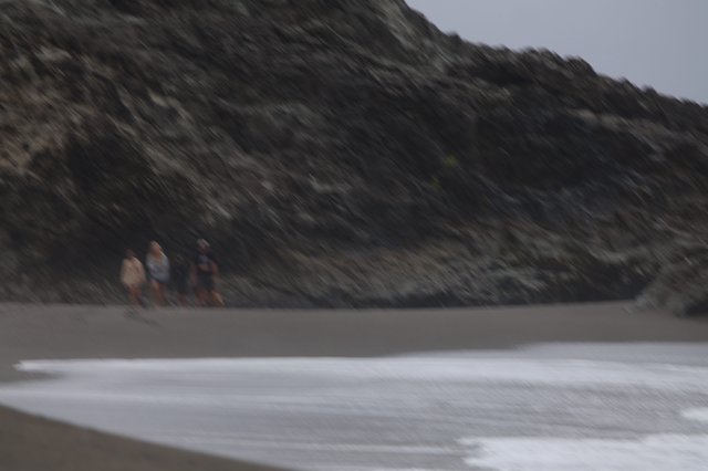 Figures Walking Along Rocky Coastal Beach