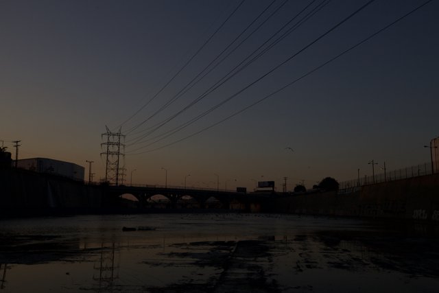 Sunset over the LA River and Power Lines