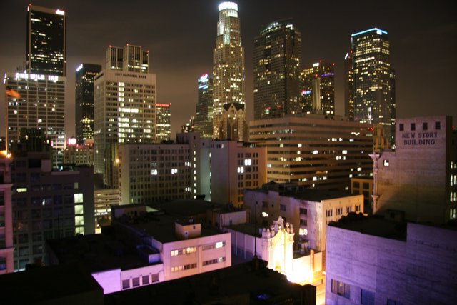 Purple Lights Illuminate City Skyline