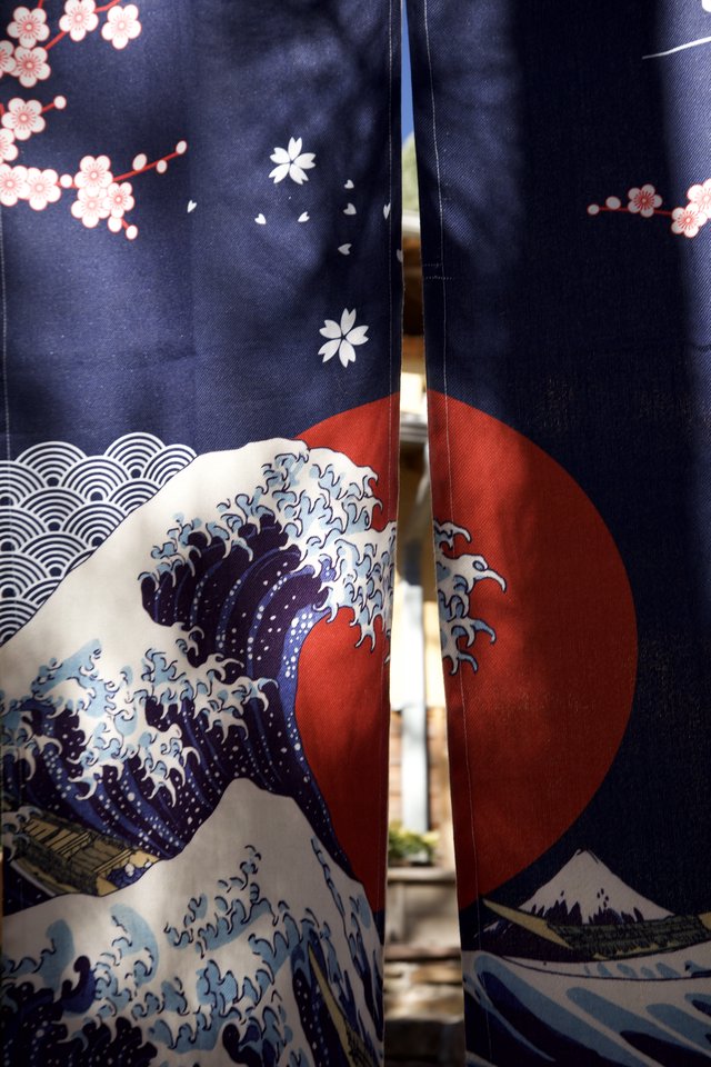 Japanese Noren Curtain with Wave and Mount Fuji Design