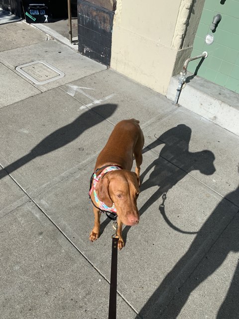 A Vizsla on a Leash Take a Stroll on San Francisco Sidewalk