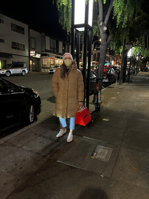Masked Lady with Red Bag at the Busy San Francisco Street