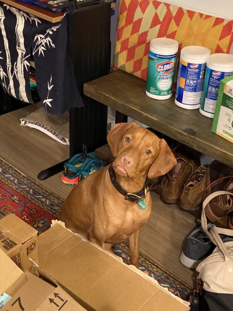 2 Shoes and a Vizsla in a Room Full of Boxes