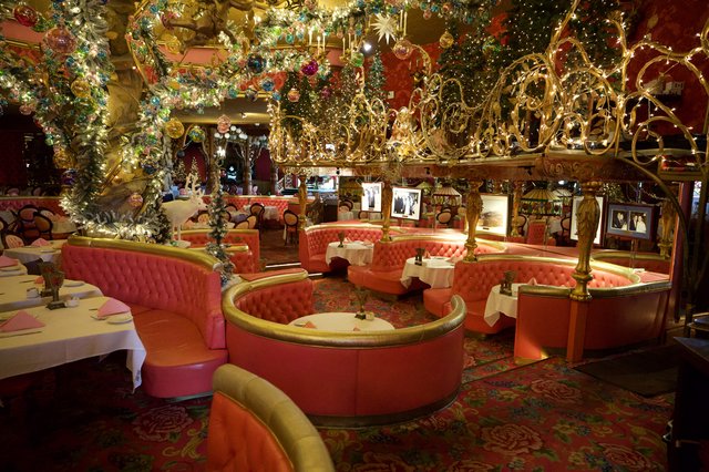 Opulent Madonna Inn Dining Room with Extravagant Christmas Decorations