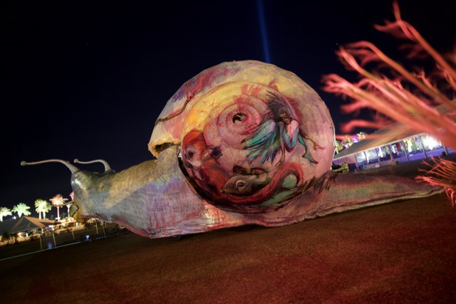 Illuminated Snail Sculpture at Night
