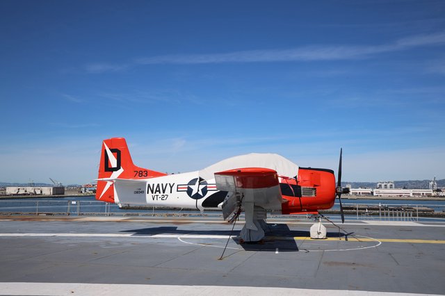 Navy T-28 Trojan Trainer Aircraft on USS Hornet Deck