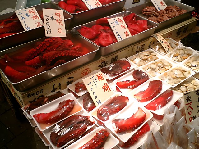 A Market Display of Fresh Seafood and Squid