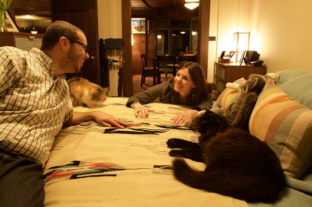 Couple Relaxing with Cats on Cozy Bed