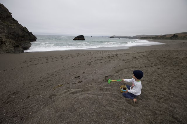 Young Child Playing Alone on Foggy Northern California Beach
