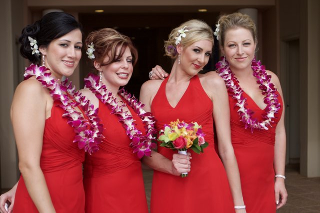 Red Bridesmaids at Hawaii Wedding