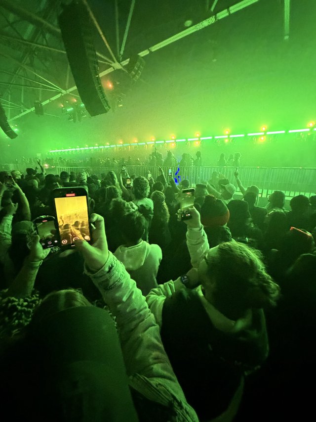 Concert Crowd Immersed in Green Laser Light Show