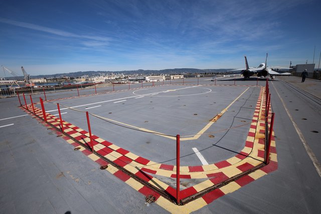 Red and Yellow Helicopter Landing Pad on USS Hornet