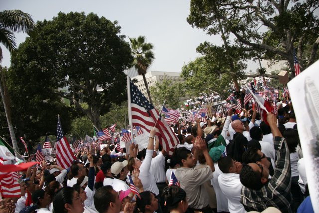 Patriotic Crowd Waving American Flags