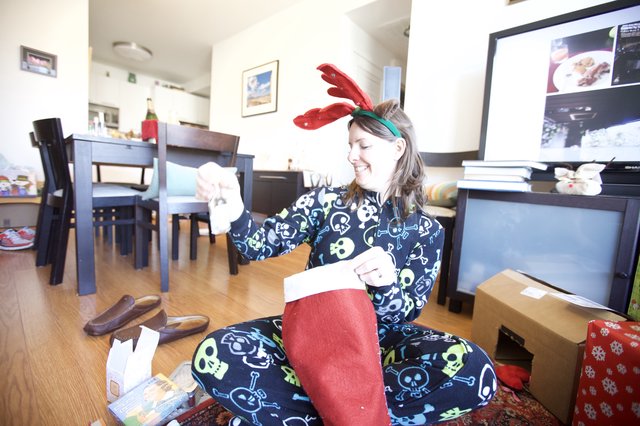 Christmas Morning Stocking Fun in Skull Pajamas