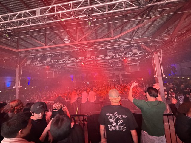 Red-Lit Concert Crowd at Indoor Music Venue