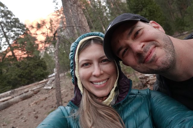 Couple's Cozy Camping Selfie at Sunset