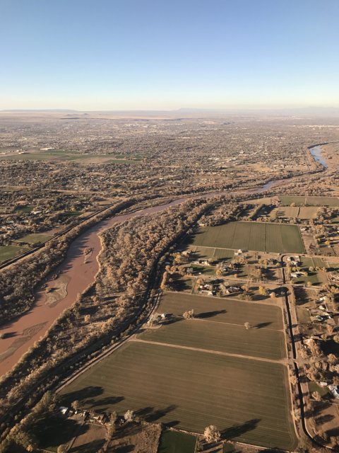 Aerial View of River and Farmland in South Valley, New Mexico
