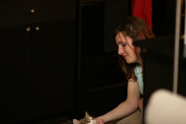 Woman Tenderly Petting a Kitten in Dim Light
