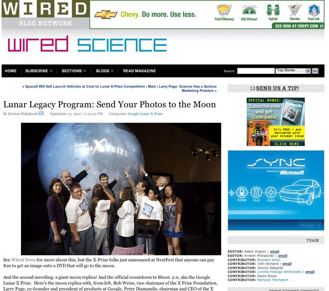 Wired Science blog page promoting outer space event