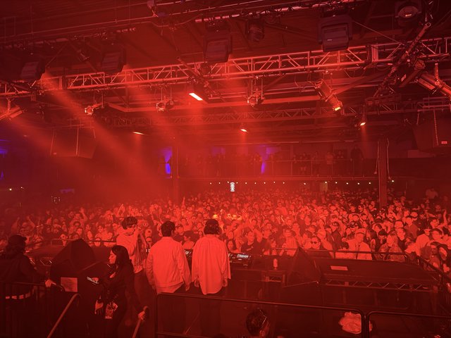 Red-Lit Electronic Music Concert Crowd and Stage