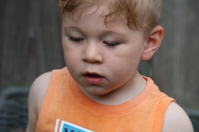 Young Child in Orange Tank Top Looking Down