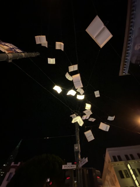 Flying Books Fill the Night Sky
