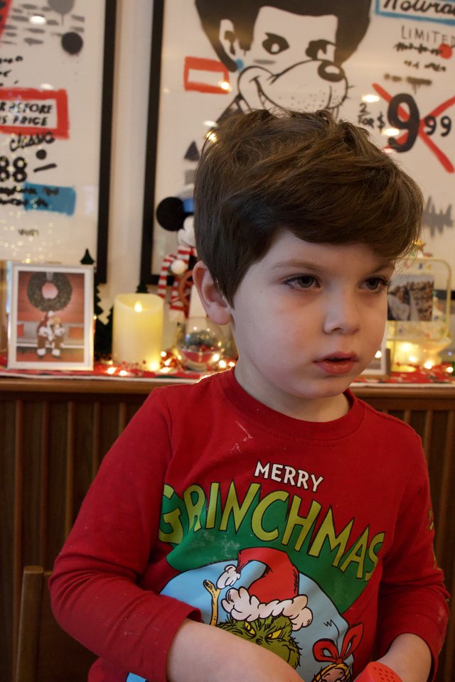 Young Boy in Grinch Christmas Pajamas at Home