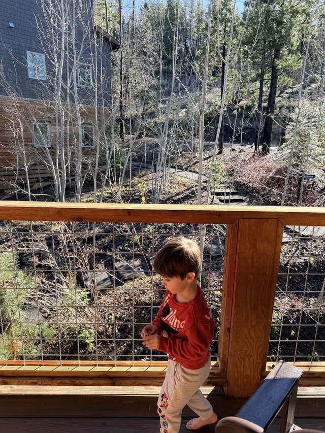 Young Boy Explores Mountain Deck in Winter