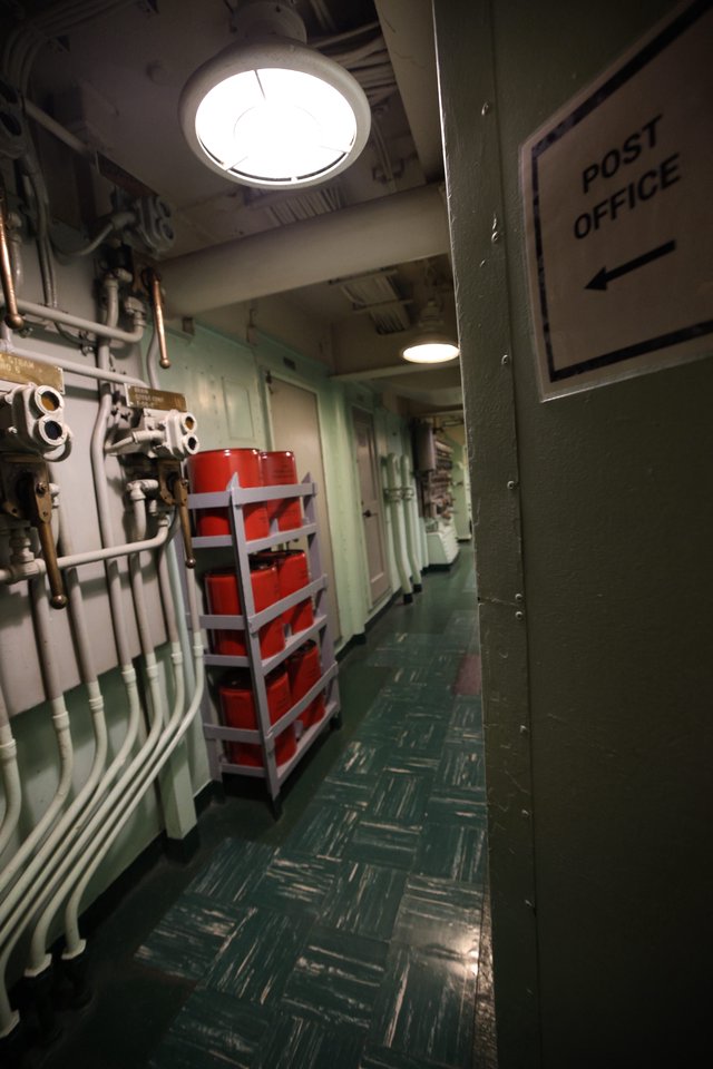Naval Vessel Interior Corridor with Post Office Sign