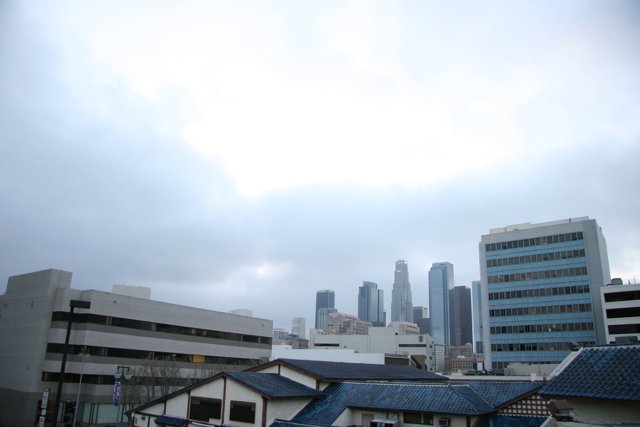 City Skyscrapers under a Cloudy Sky