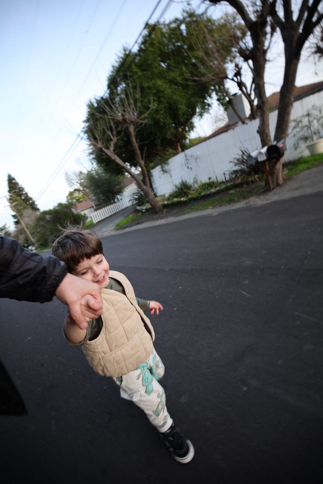 Joyful Child Holding Hand on Suburban Street Walk