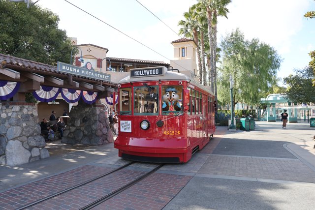 Parked Red Trolley Car at Station