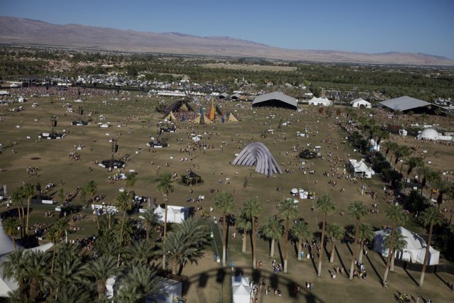 Aerial View of Coachella Camping Grounds Caption: Thousands of festival-goers set up their tents for a weekend of music and fun under the sunny California sky.