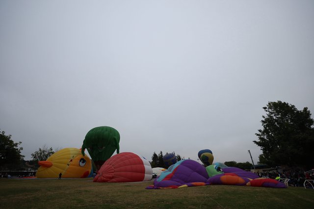 Colorful Hot Air Balloons Inflate at Dawn Festival