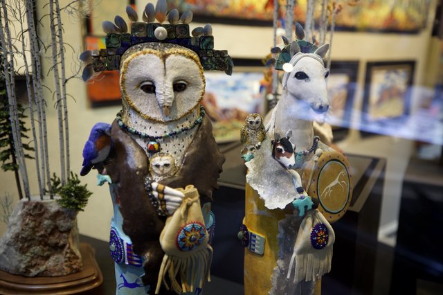 Ornate Native American-Inspired Owl and Horse Art Sculptures