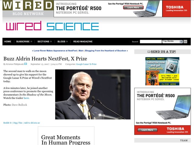 Wired Science Website with Buzz Aldrin in a Suit