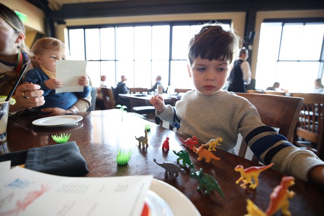 Young Boy Playing with Dinosaur Toys at Restaurant
