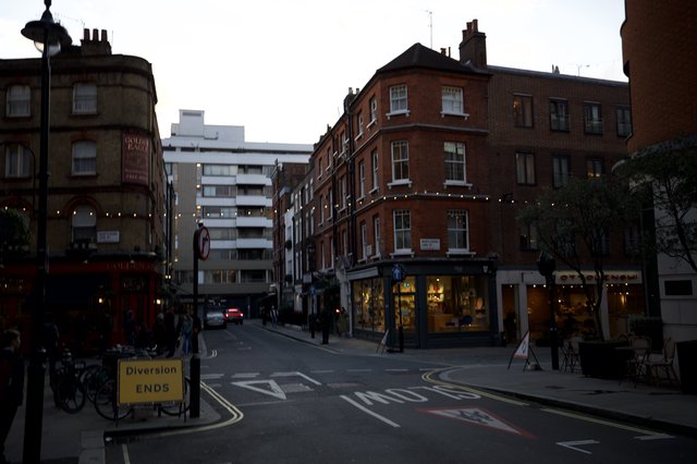 Twilight Urban Street Scene in Historic London District