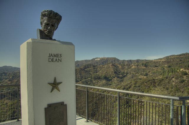 Hollywood Sign Monument with Handrail and Blue Sky