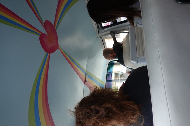 Colorful Van Interior with Rainbow Ceiling Decoration