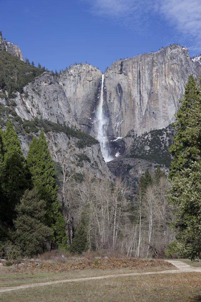 Yosemite Falls Cascading Down Granite Cliffs in Winter