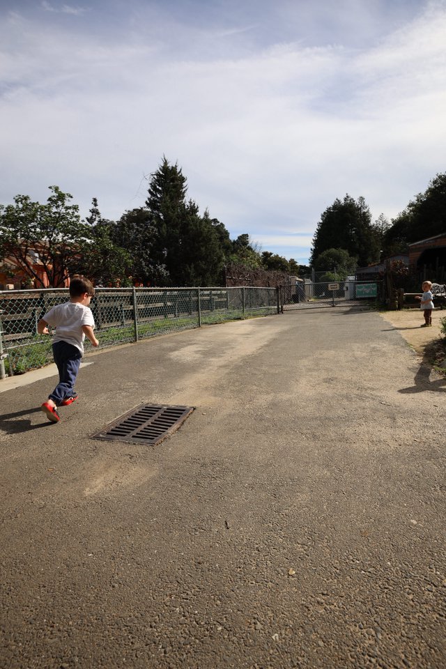 Children Running on Playground Pathway at Dusk